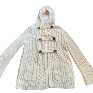 VTG 70s Cable Knit Sweater Cardigan Mid Length Hooded  Toggle  Women’s Large